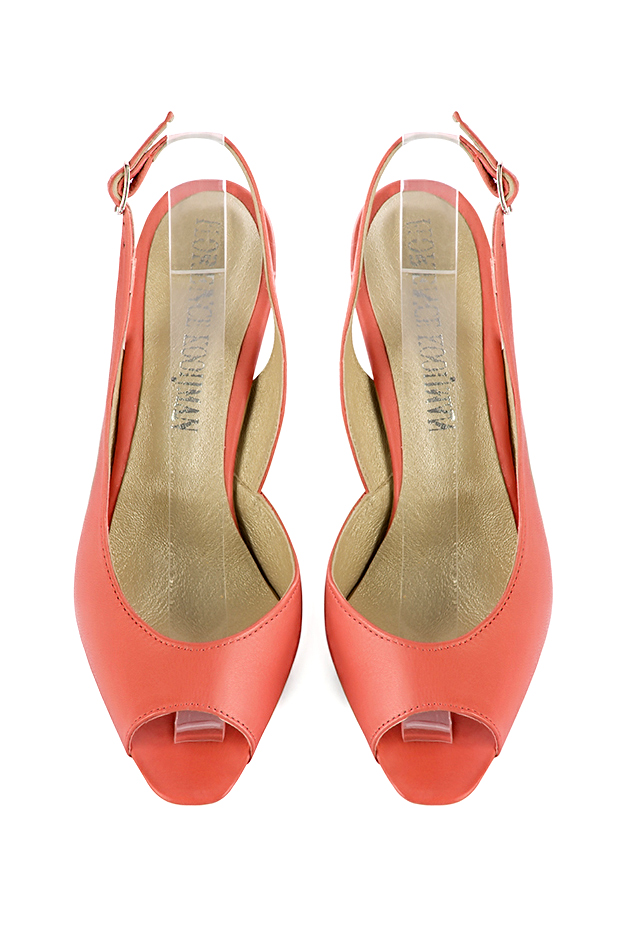 Dress heels peep-toe slingback in coral leather with high spool heels and round toe - Top view